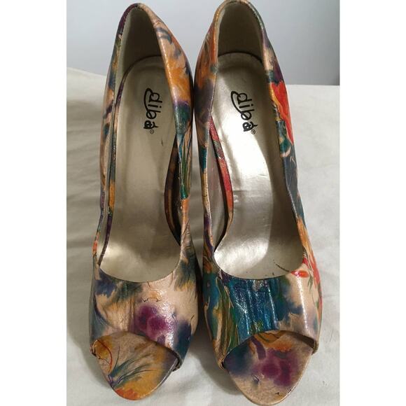 Diba Size 10 Floral Fabric 5 1/2" Stacked Heal Open Toe Slight Platform Shoes - Picture 2 of 7